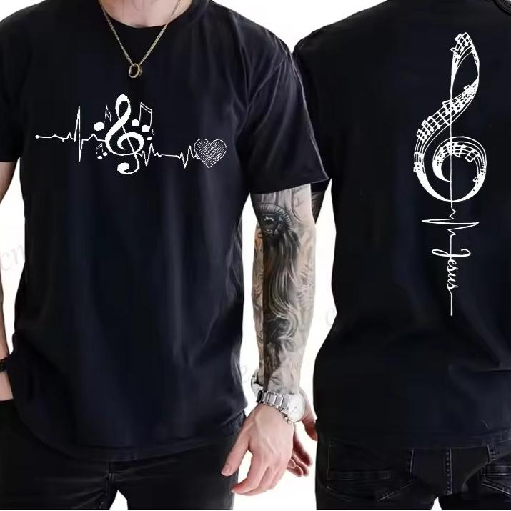 Heartbeat Music Printed Mens Short Sleeve T-shirt Fashionable Comfortable Breathable Versatile Sports Cotton T-shirt