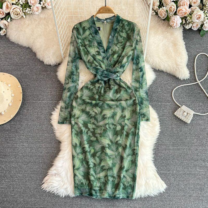

French Tea Break Spring & Fall K-style V-neck Hip Long Dress Green L