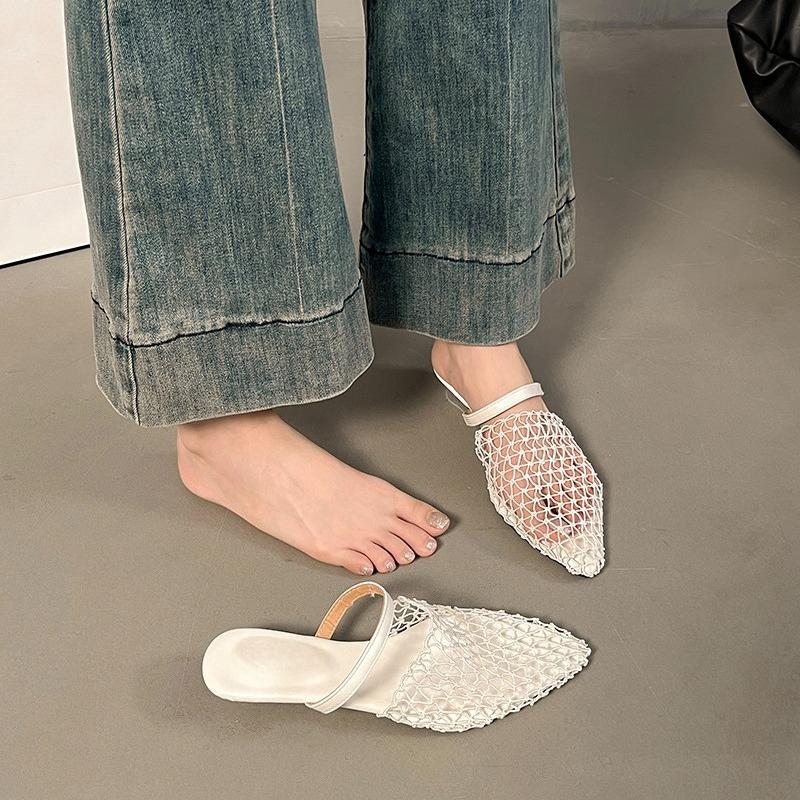 Woven Mesh Breathable Sandals Summer New Pointed Toe Wrapped Toe Cover Foot Non-Slip Wear-Resistant Low Heel Slippers