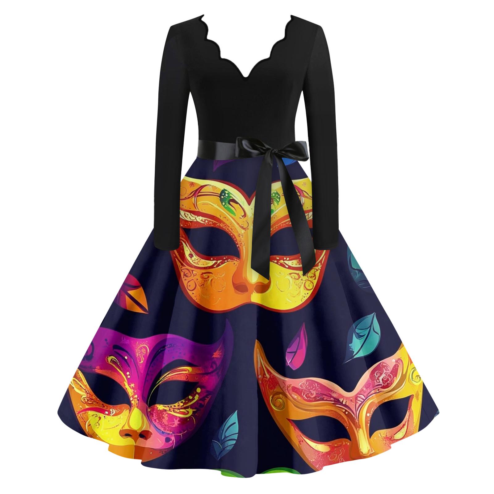 

Женское повседневное модное платье с V-образным вырезом и длинным рукавом с принтом в винтажном стиле L