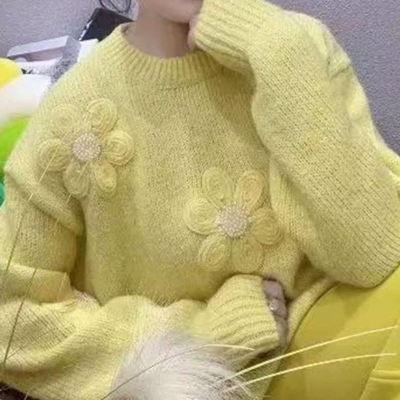 Suéter Feminino de Lã com Contas de Unha Flor 3D Doce Tricotado Gola Redonda Outono Solto Suave Fashion Pulôver Feminino