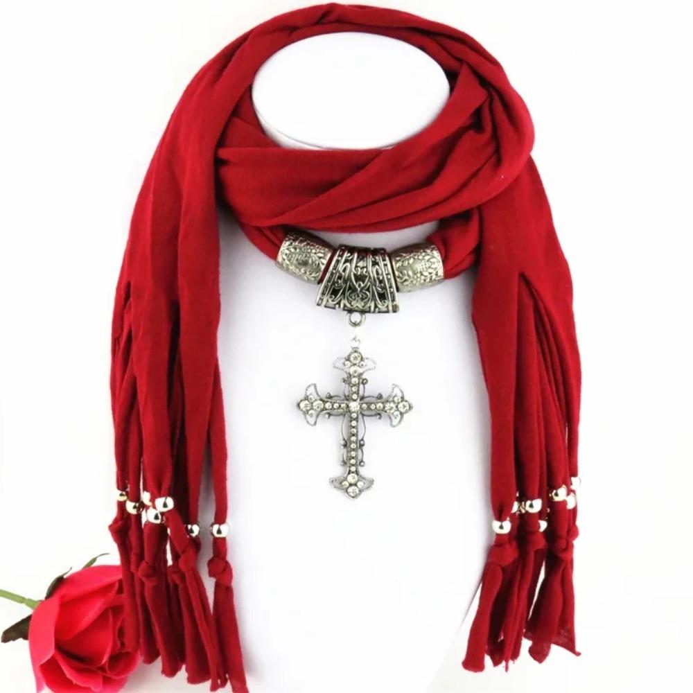 

Women Fringe Scarf Polyester with Cross Charm Fashion Accessories Scarf вино красного