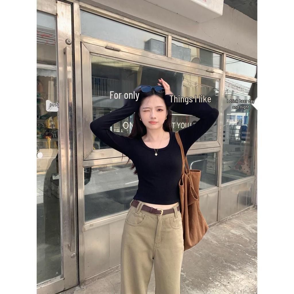 Classic Soft Bouncy U-neck Long-sleeve Versatile Slimming Base Layer Shirt