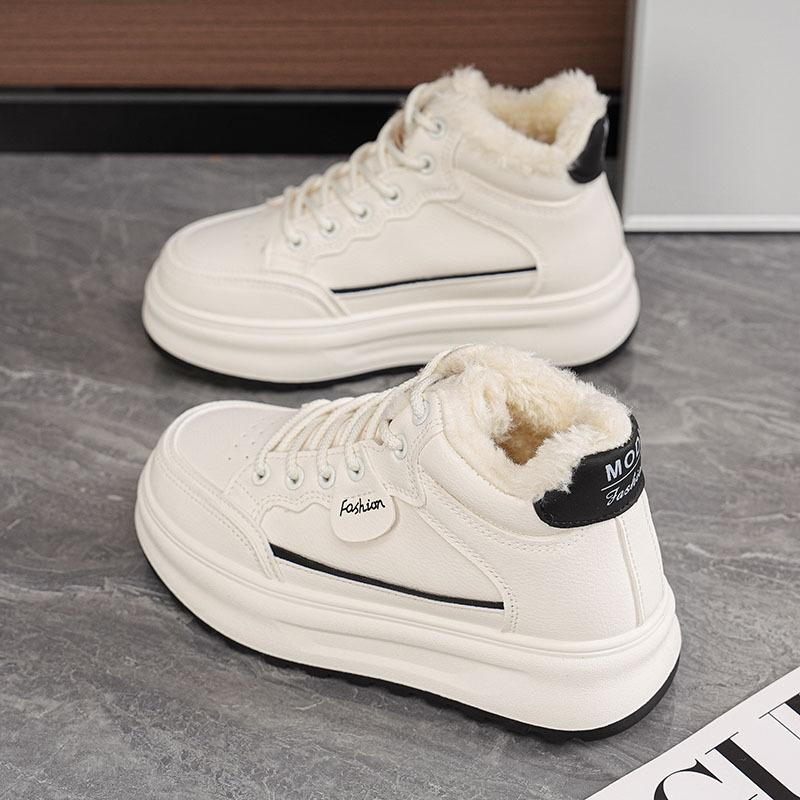Women's Cotton Shoes with Winter Velvet White Shoes Women's New Popular Leather Sports Comfortable Leisure Board Shoes Keep Warm