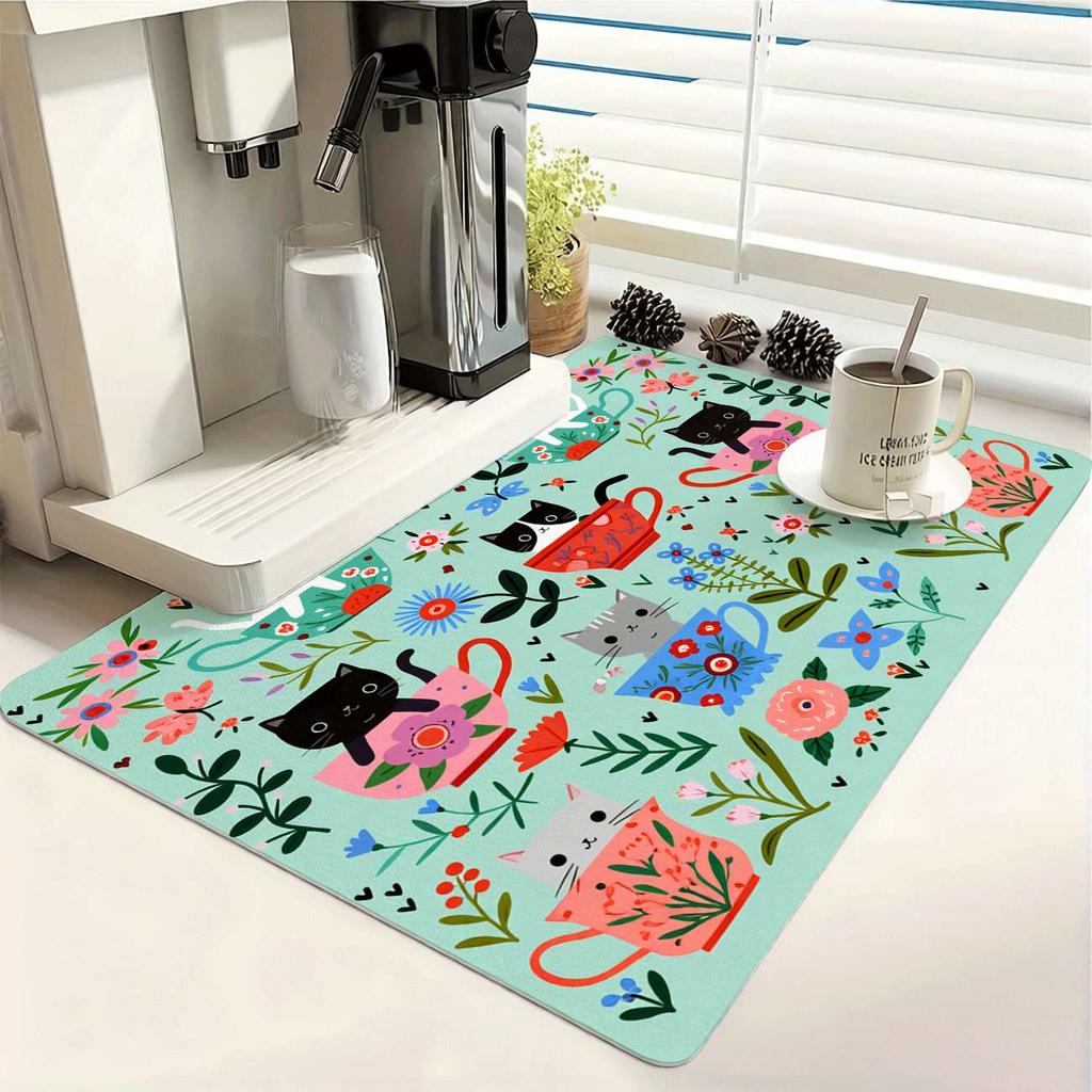 1Pcs Rubber Drying Mat With Teacup Floral Print For Coffee Shop Restaurant Kitchen Carpet Tableware Durable Diatom Mud Table Mat Pet Mat Coffeeware