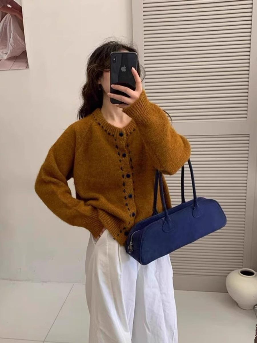 

Women s Soft and Waxy Color Block Crew Neck Sweater Cardigan - Spring/Autumn 2025 Knitted Design Standard Size [80-135] помаранчевий