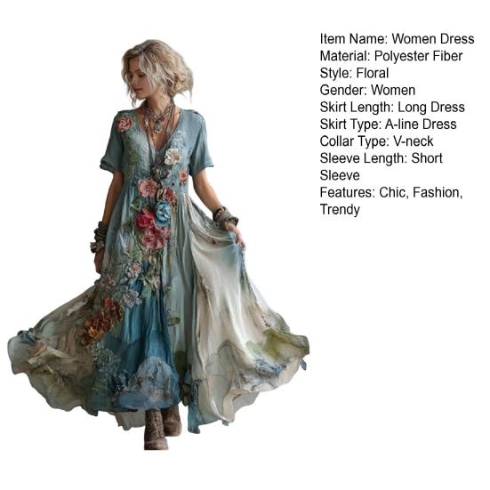 Dámské maxi šaty s květinovým potiskem, krátký rukáv, výstřih do V, kolové šaty, boho, splývavé, áčkové šaty, ležérní, společenské, párty, šaty pro svatebního hosta