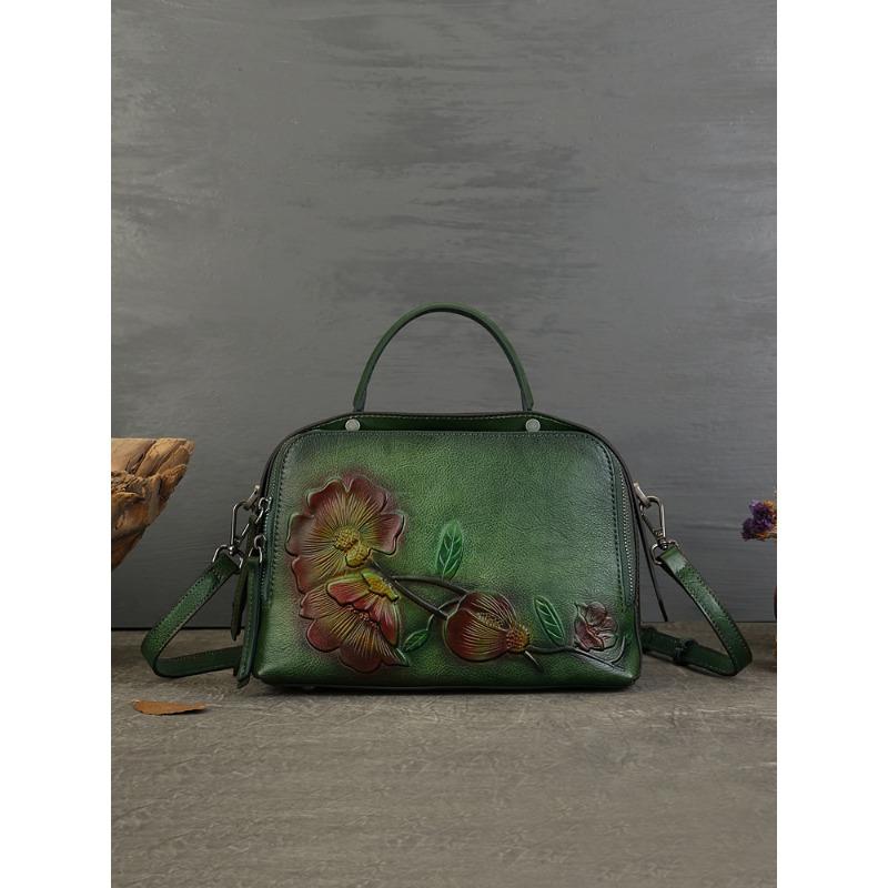 First Layer Cowhide Retro Pillow Bag Artistic Style Embossedhandbags Large Capacity with Boston Women's Bag
