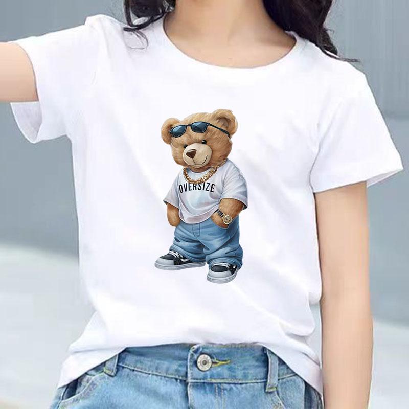 Hip Hop Style Bear With Sunglasses Graphic Tee Kids Pure Cotton Crew Neck T Shirt Short Sleeve Muticolor Tops Boys Girls Child