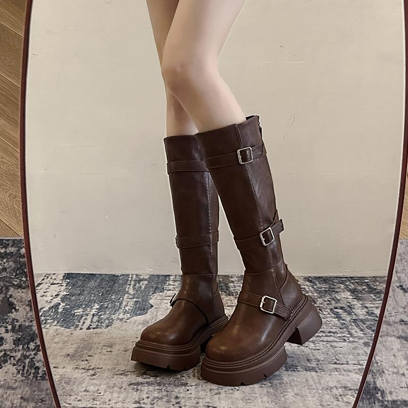 

Hot selling high quality and versatile Lined Boots Women s Long Boots 2025 New Autumn Knee Rough Heel Retro Long Boots 40 коричневый