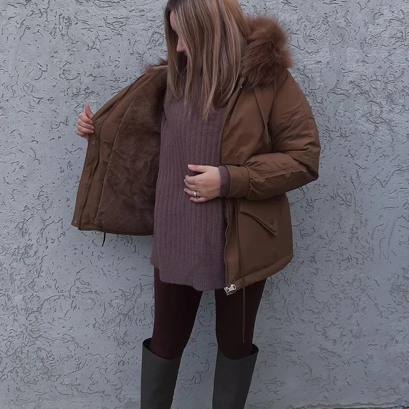 Cotton Padded Plus Size 2XL Winter Big Fur Jacket Women Loose Slim Warm Hooded Parka Coat Down Jacket