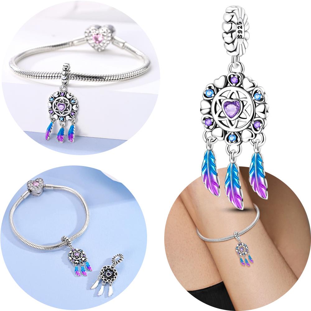 Original Kupfer Traumfänger Anhänger Farbige Federn Glücksperlen Passend für Armband Jubiläum Feines Geschenk Accessoire DIY