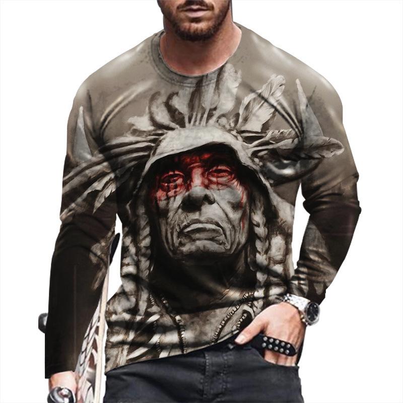 Spring and Autumn Round Neck 3D Native American Pattern Printed Top Fashionable Casual Long Sleeved Men's T-shirts