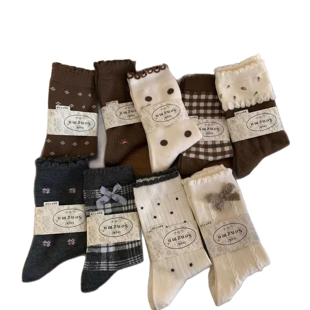 Retro Floral Wool Medium Tube Socks Women'S Autumn And Winter Warm Japanese Sweet Bow Stacking Socks Fungus Lace Cotton Socks