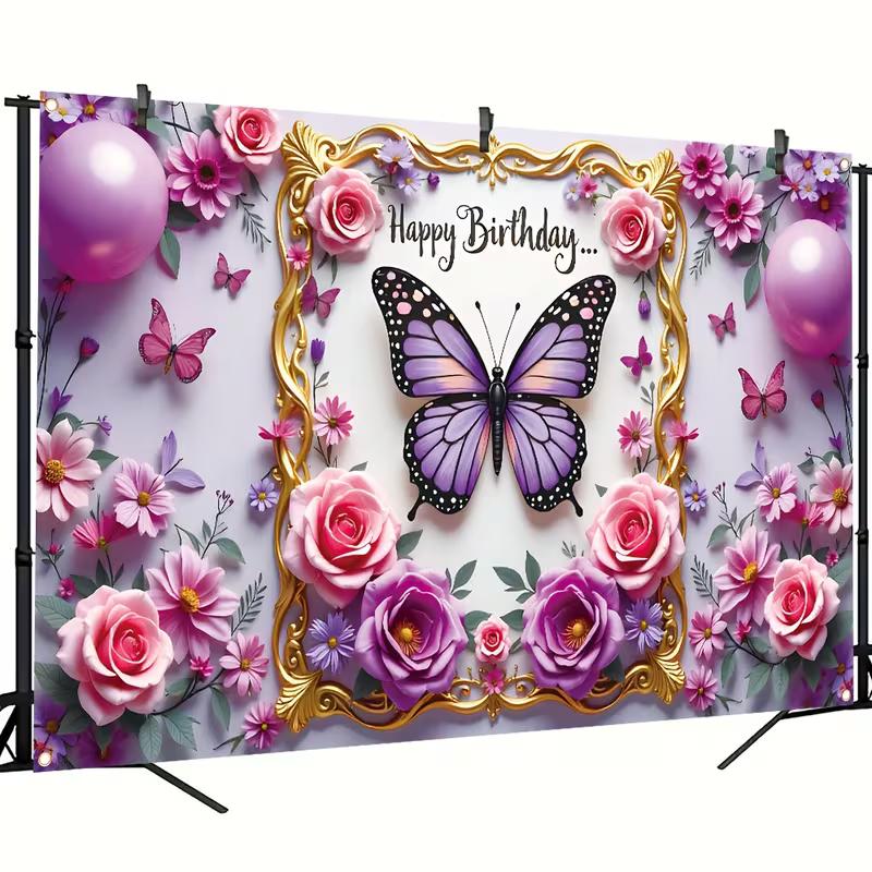 2D Purple Butterfly Floral Happy Birthday Backdrop Photography Banner