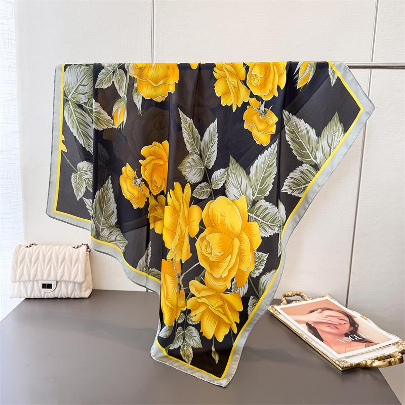 Ladies Korean version scarf sunscreen travel shawl large print square scarf silk scarf satin imitation silk flower scarf headscarf