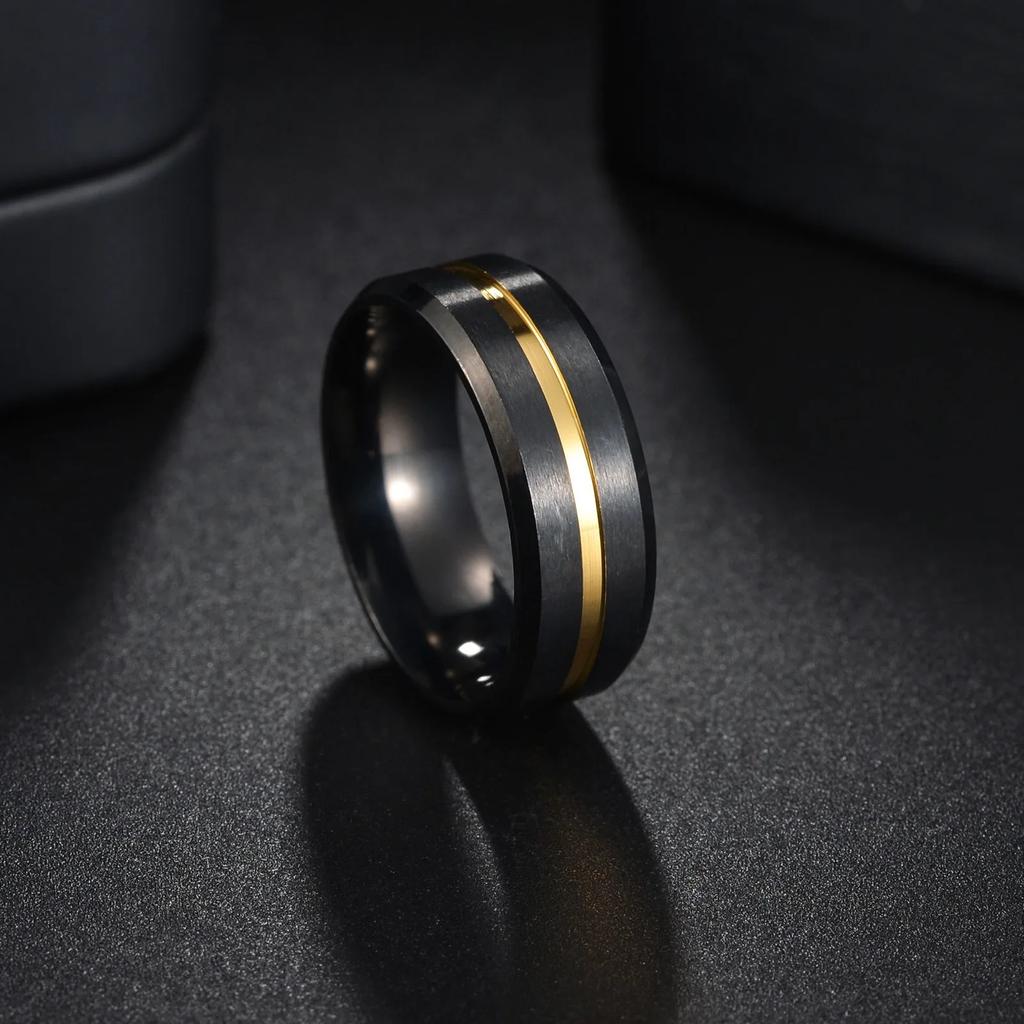 Trendy 8mm Gold Color Groove Beveled Edge Titanium Wedding Rings For Men Black Brushed Stainless Steel Ring Men's Wedding Bands