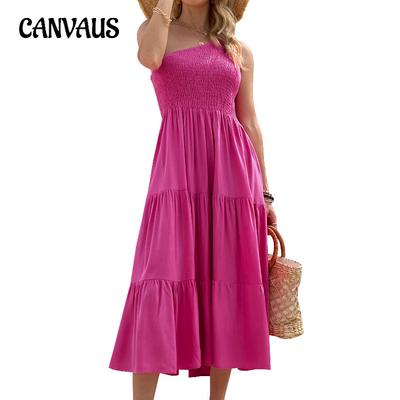 Summer Women's Dress One Shoulder Drawstring Pleated Bohemian Sleeveless Big Swing Long Dress for Women