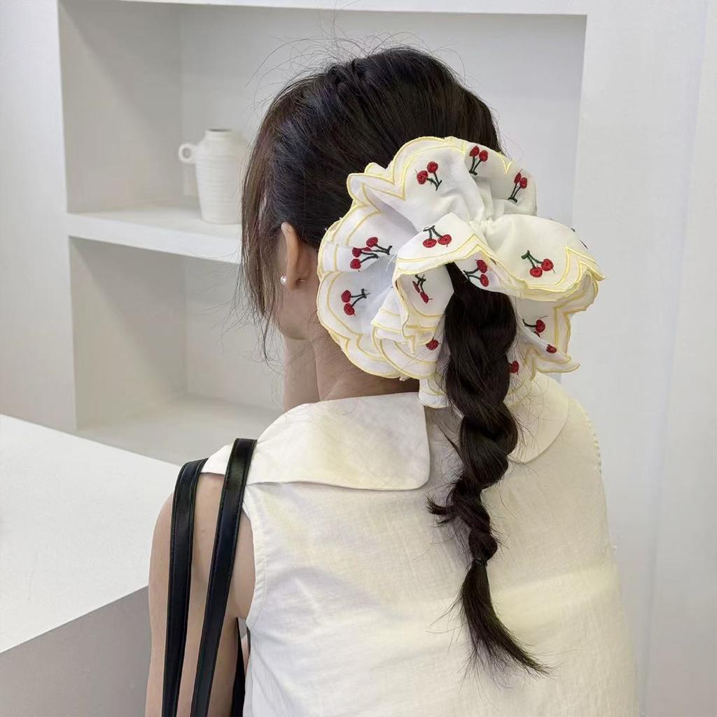 Sweet Embroidered Cherry Large Intestine Hair Ring High Elasticity New Sweet Girl Cherry Hair Tie Folded Lace Fabric Hair Rope