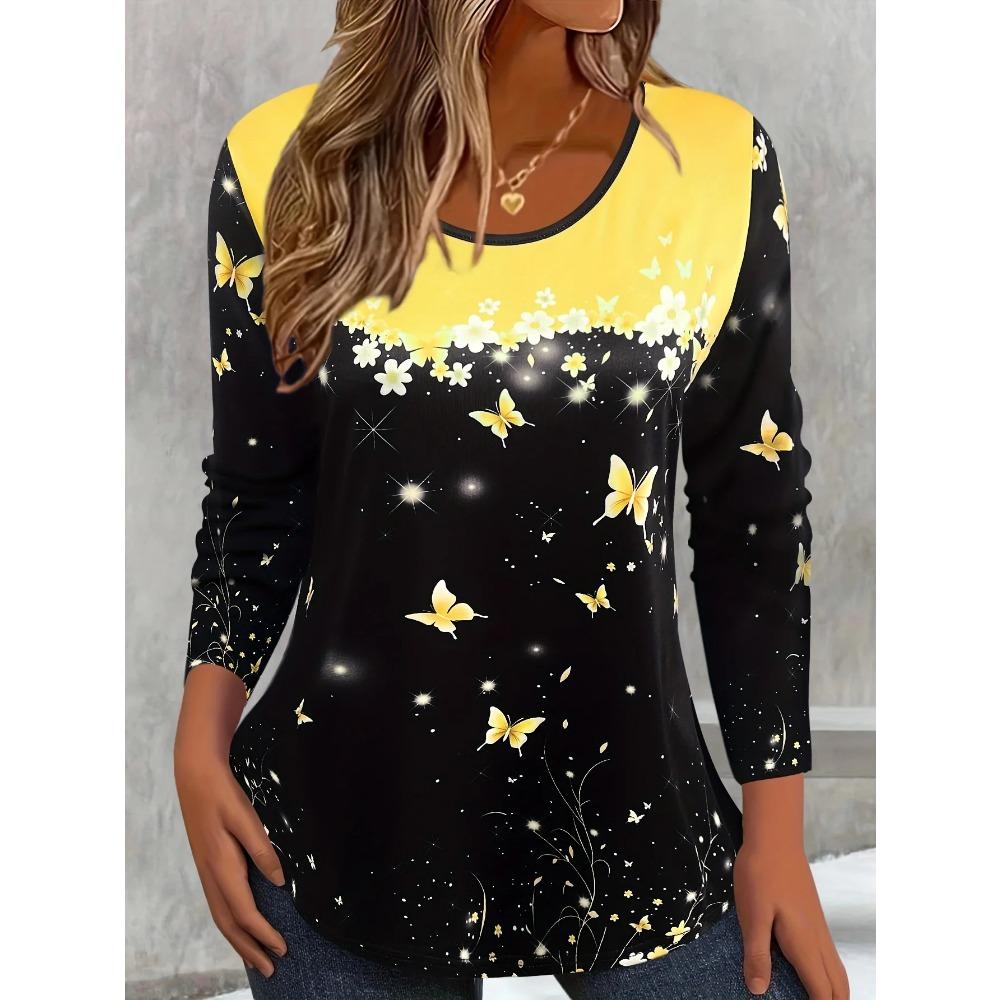 Spring and Autumn Round Neck Floral 3D Printed Top Fashionable Casual Long Sleeved Women's T-shirts