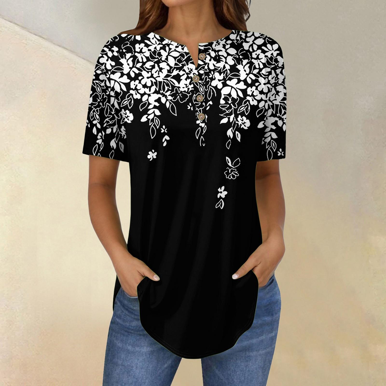 

Короткие рукава женские топы летние футболки цветочный принт V-образный вырез повседневные базовые футболки рубашки на пуговицах туники XL чёрный