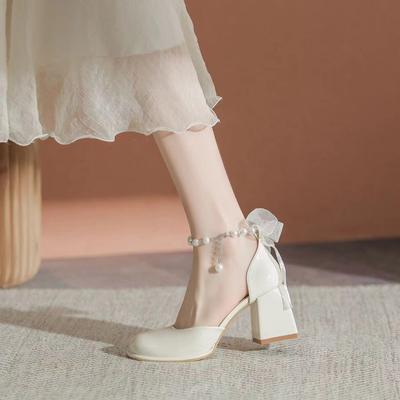 Moda 2024 Primavera y Otoño Nueva Moda Color Sólido Boca Baja Cadena de Perlas Cinta Tacones Altos Mary Jane Zapatos de Salón Zapatos de Mujer