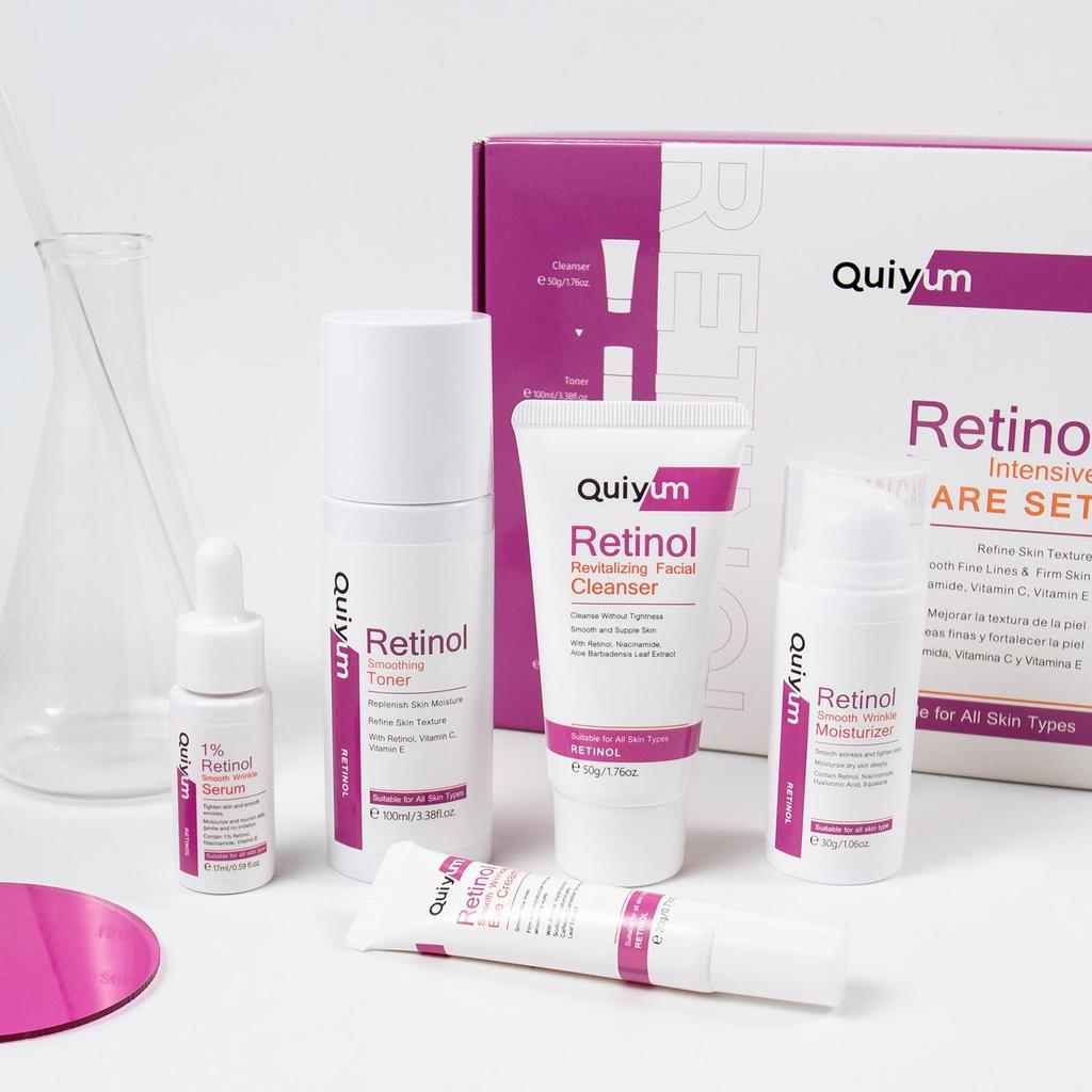 QUIYUM Retinol Hydrerende og Fuktighetsgivende Hudpleiesett – 5 Deler, FDA Godkjent