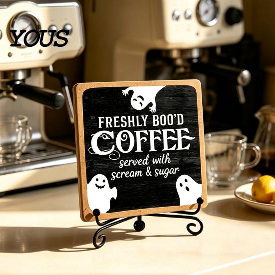 Decorative Signs with Metal Stands Halloween Coffee Bar Wooden Sign Iron Display Stand for Corner Kitchen Station Accessories Tabletop Decor,