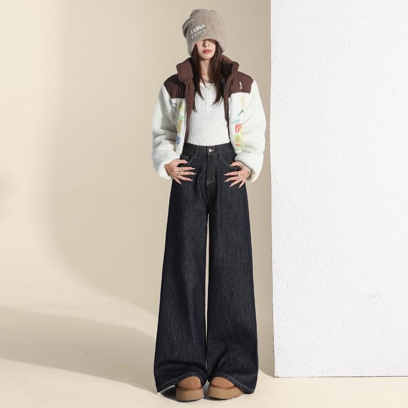 Women's Retro Dark Blue High-Waisted Fleece-Lined Wide-Leg Jeans for Autumn/Winter