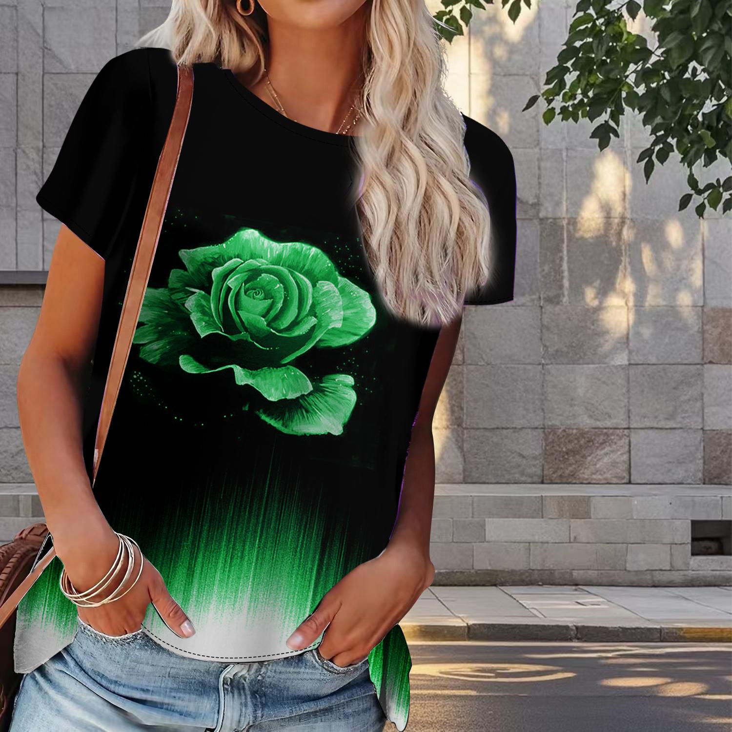 

Женская летняя футболка с цветочным принтом в стиле ретро, футболки с коротким рукавом, повседневные топы с принтом L зелёный