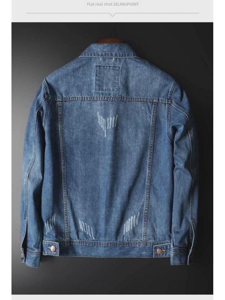 Men's Solid Color Denim Jacket - Long-Sleeve, Loose Fit, Casual Workwear, Spring Collection, Large Sizes Available.