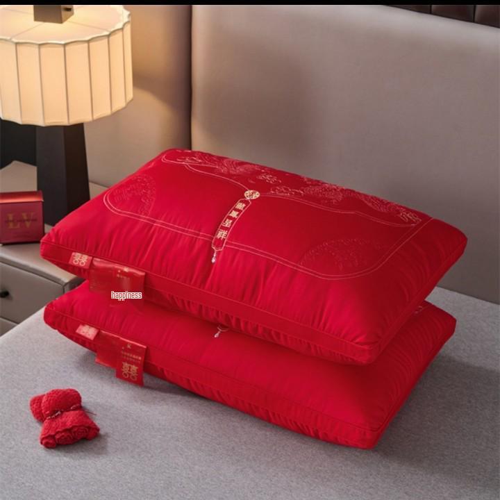 Embroidered Red Wedding Pillow - All-Cotton Feather Velvet for Newlywed Celebration