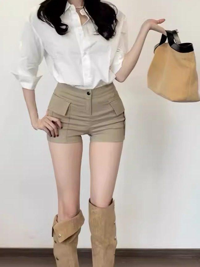 Women s Slimming Khaki Retro Cargo Shorts - Spring/Summer Hip-Hugging Style XS