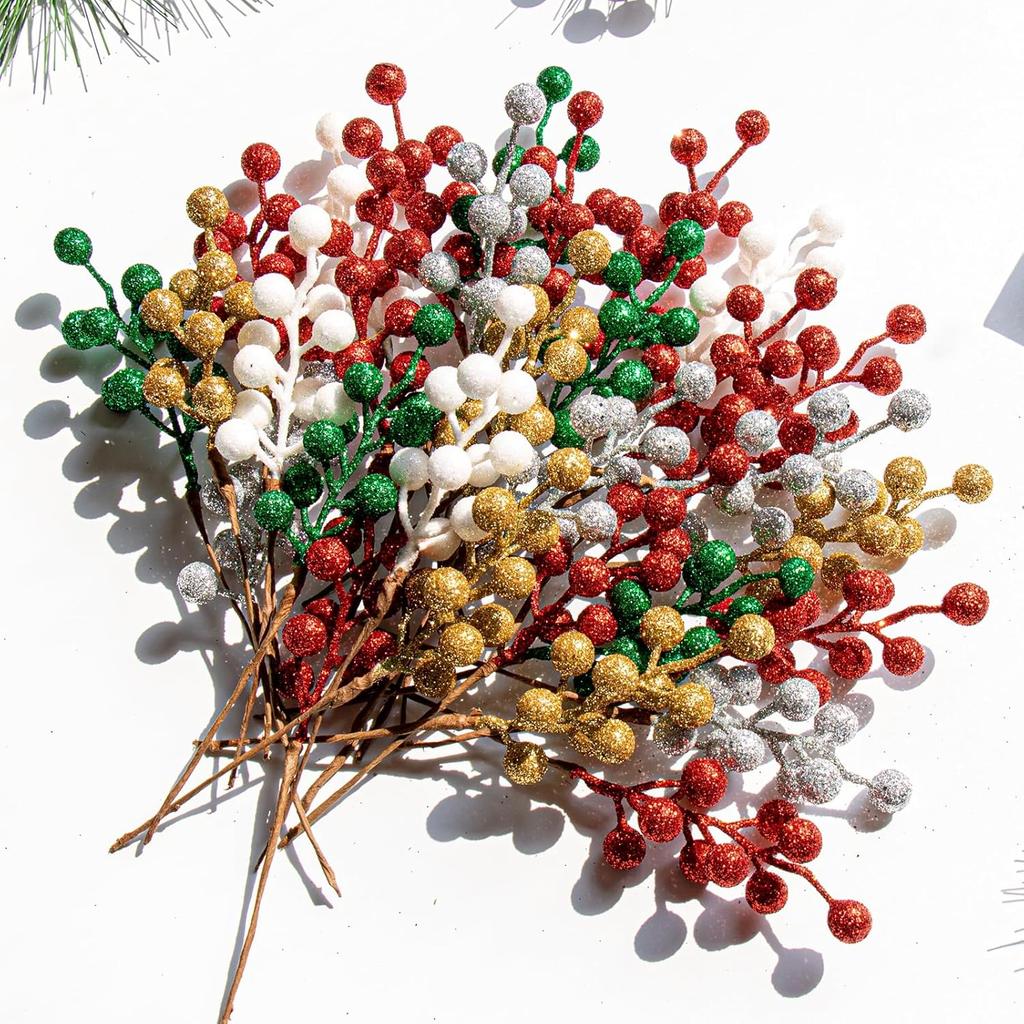 32 Pack Glitter Christmas Picks, 6.5-Inch Red Artificial Berry Stems for Xmas Tree & Home Decor