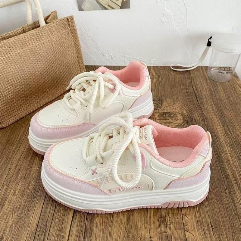Student leisure sports board shoes platform bread little white shoes women's autumn new pink color matching casual shoes