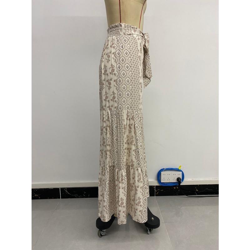 Casual Vacation Style Lace-up Geometric Floral Print Wide-leg Pants for Women