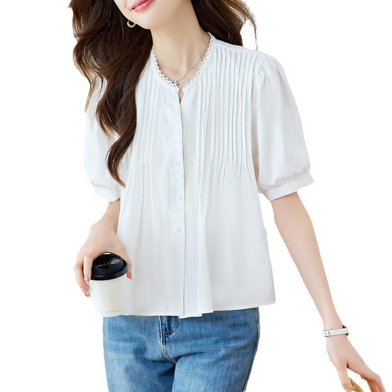 Summer New V-neck Short-sleeved White Shirt Women's Thin Bubble Sleeve Chic Top Shirt