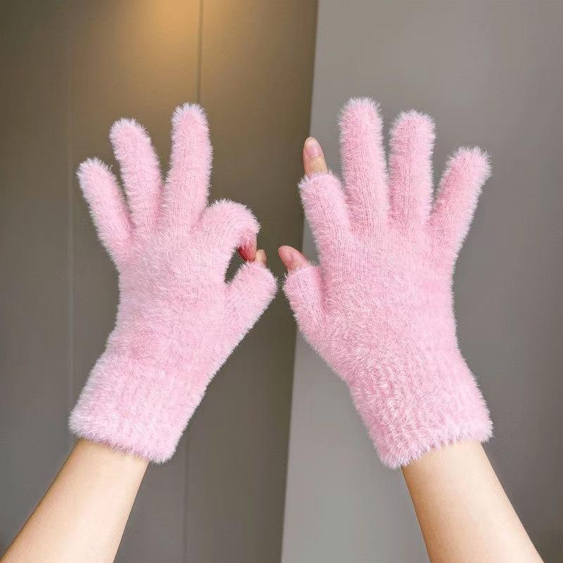 Gloves, Winter Dew Two Fingers To Keep Warm, Fleece Half Fingers, Cute Plush, Cold-proof and Leak-proof Fingers, Students Riding Bicycles
