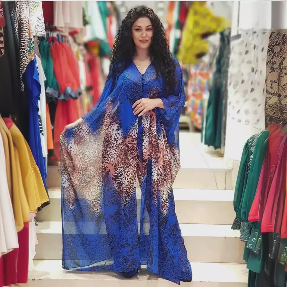 Set burky a volných kalhot z šifonu s digitálním potiskem pro africké ženy