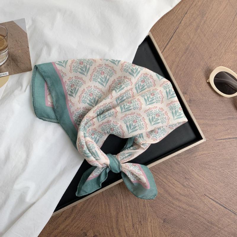 Floral Headscarf Summer Women's Pastoral New Literary and Versatile Small Scarf 58 Cotton and Linen Small Square Scarf Silk Scarf Women's Headband