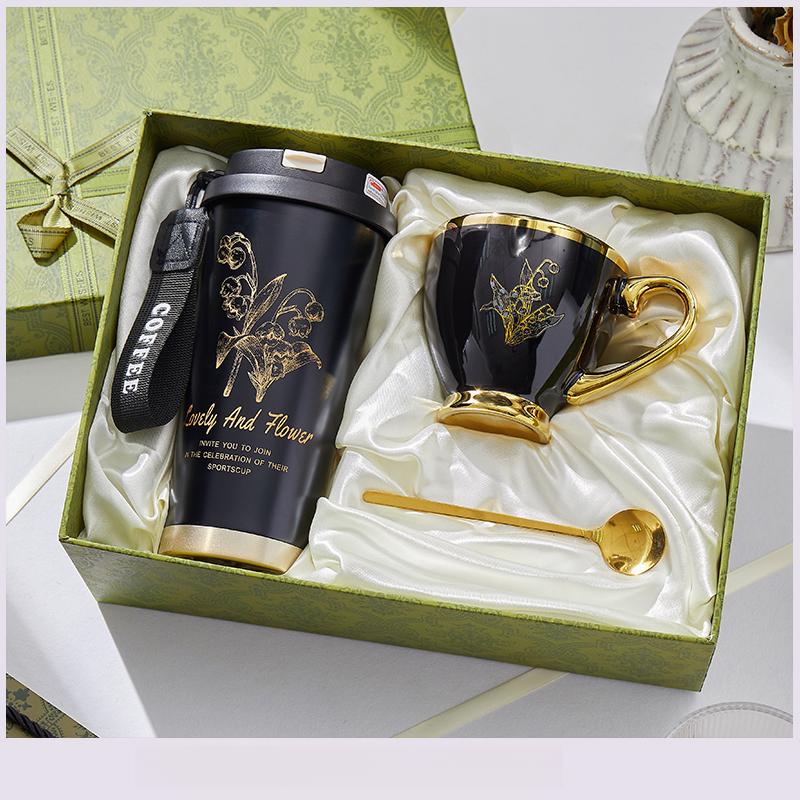 

316 Stain Steel Thermos Cups 500ml Coffee Mug with Spoon Set of 3, Floral Ceramic Mug Gift Box for Birthday Wedding Christmas Valentine s Day