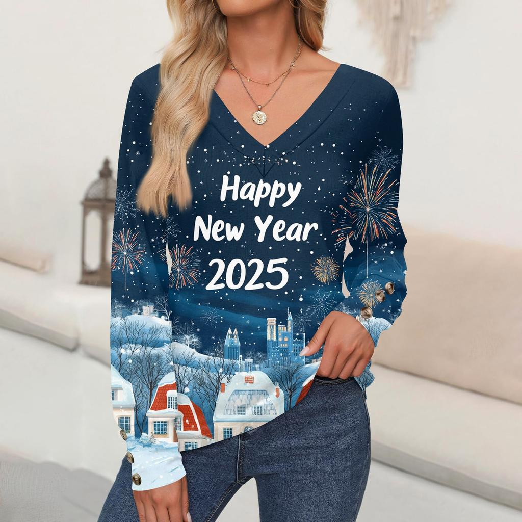 Damenmode Lässig Langarm Weihnachten Bedruckt V-Ausschnitt Pullover Top