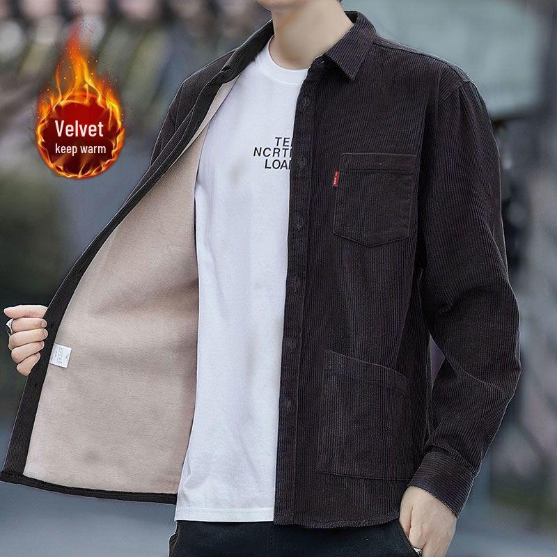 Men's Corduroy Warm Shirt: Velvet-Lined, Multi-Pocket, Long Sleeve Casual Workwear for Autumn/Winter.
