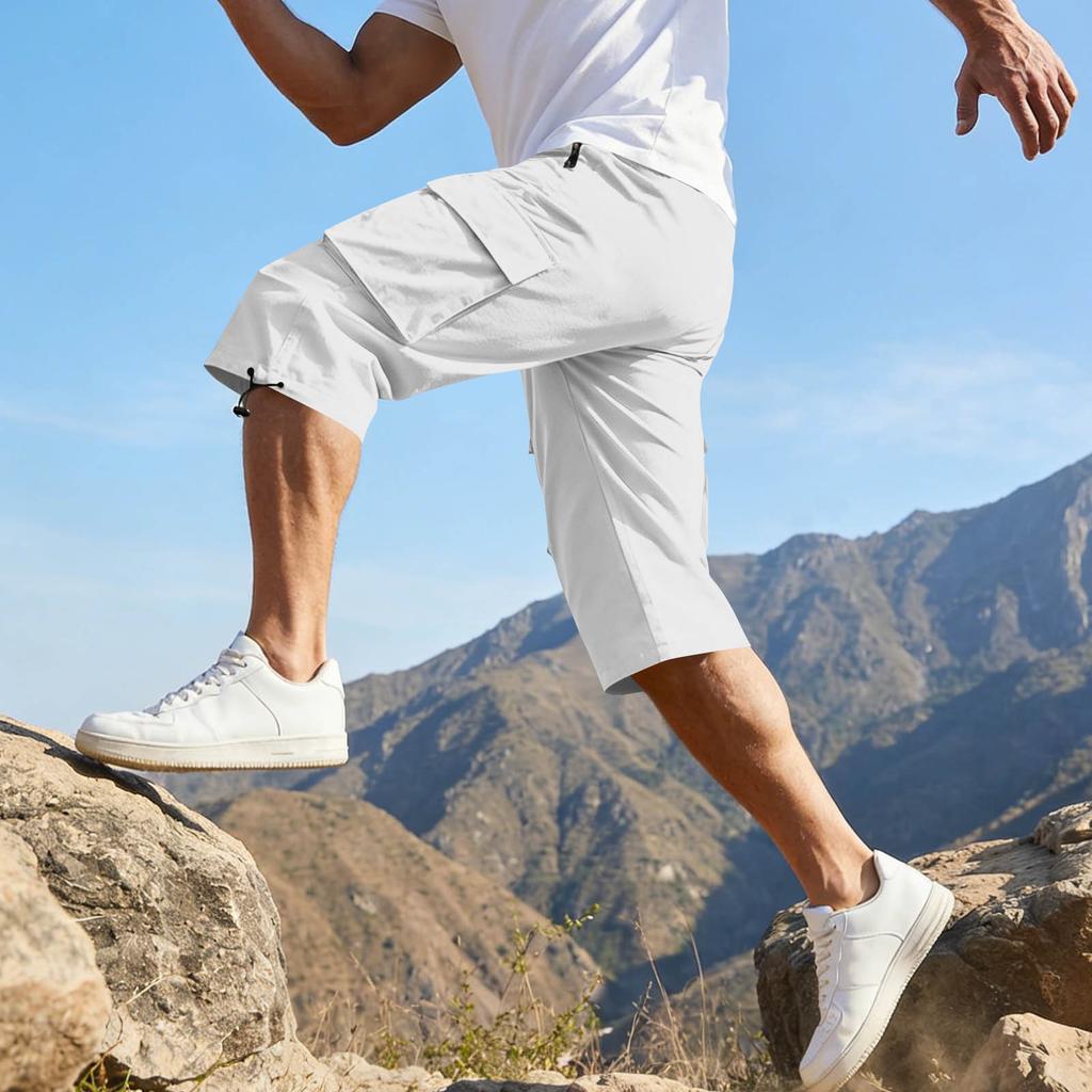 Men’s Casual 3/4 Length Cargo Shorts Elastic Waist Relaxed Fit Lightweight Multi Pocket Knee Length Pants