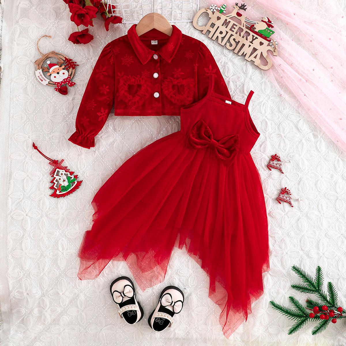 

Girls New Christmas Snowflake Top + Irregular Strap Suspender Skirt Two-Piece Set 4-5Y червоний