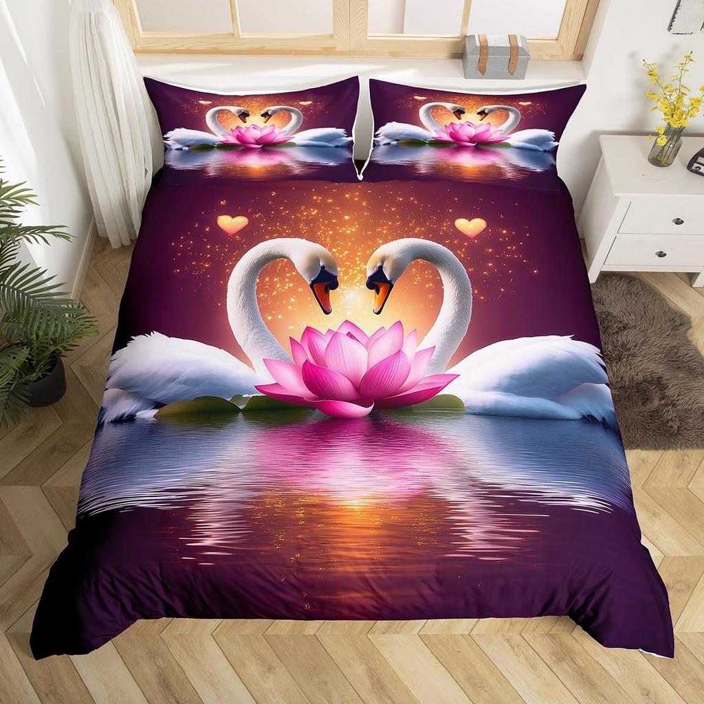 Red Rose Beding Set White Swan Soft Duvet Cover Quen Wild Animal Romantic Flower Warm Comforter Cover for Young Girls Woman Lady Weding Decor
