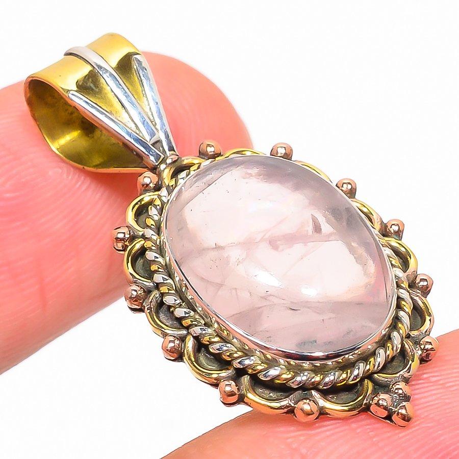 Natural Rose Quartz TwoTone 925 Solid Sterling Silver Jewelry Pendant 1.50" k6V86