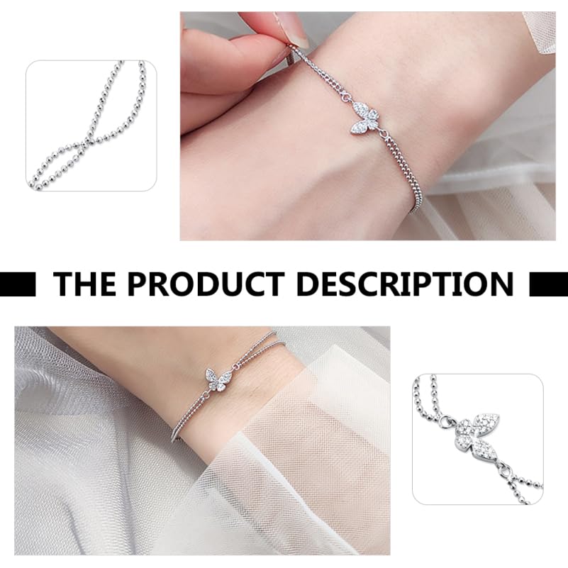 TENDYCOCO Butterfly Bracelet, Double Chain, 925 Sterling Silver, Women's, Cute, Simple, Adjustable, Stackable