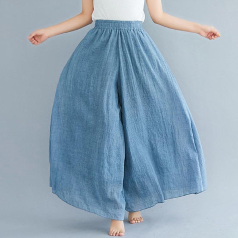 Summer New Large Size Cotton and Linen Casual Wide Leg Pants Women Elastic Waist Solid Vintage Loose Trousers Women Elegant Slim Fit Baggy Pants 26494