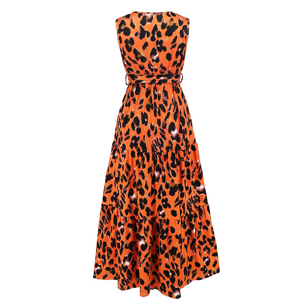 HNXC Women's Fashion Summer Spring Leopard Print Sleeveless V-Neck High Waist Casual Dresses